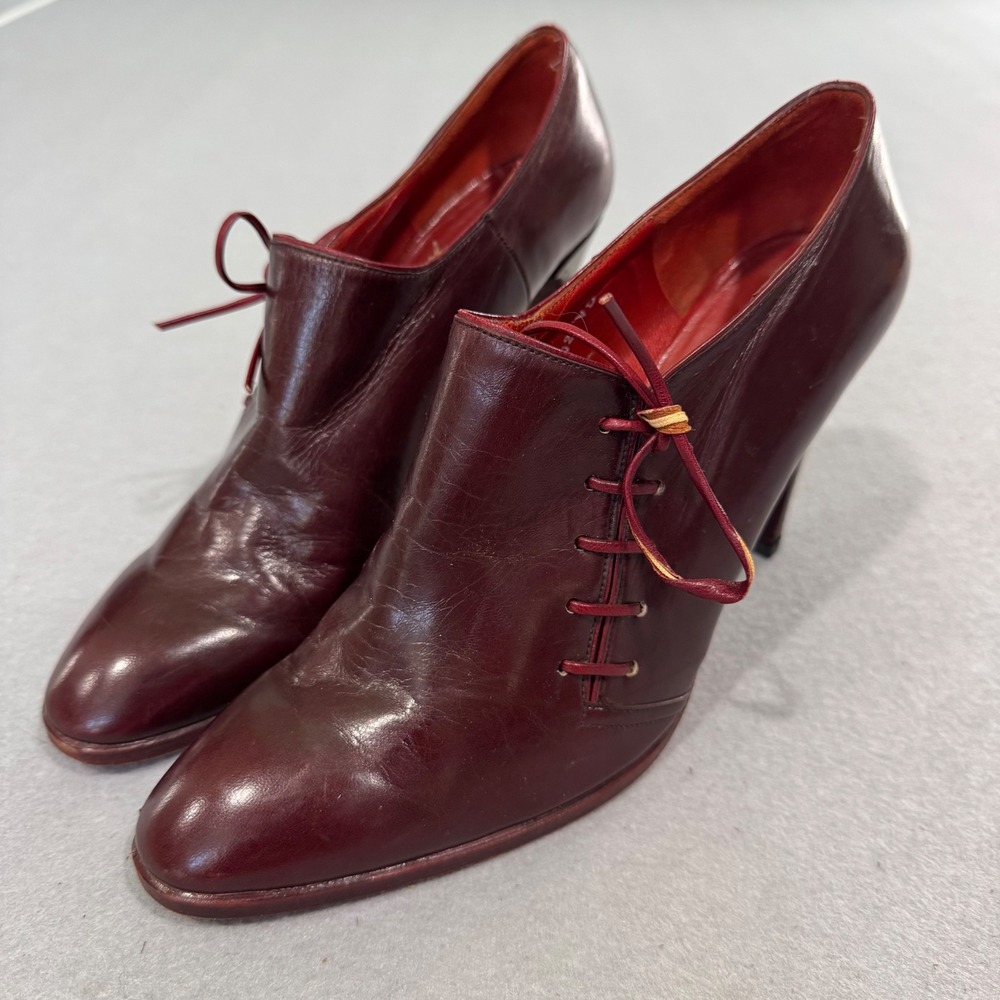 Charles Jourdan Shooties Women 7.5 Burgundy Leather Side Lace Up Heels France
